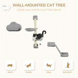 PawHut Cat Shelves Fit Cat Up to 5kg, 3-Piece Set with Hammock, Jumping Platform, Ladder, Scratching Post, Safe for Cats to Play, Grey - Aosom UK - thumbnail 4