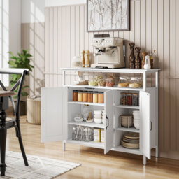 HOMCOM Industrial Kitchen Sideboard with Open Shelf, 2 Cabinets, Adjustable Shelves for Living Room, Dining Room, White - thumbnail 2