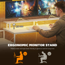 HOMCOM 147cm Gaming Desk with Charging Station and Monitor Stand, Computer Table for Home Office with RGB Lights, White - thumbnail 7