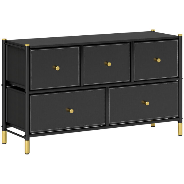 HOMCOM Chest of Drawers, 5 Drawer Fabric Dresser with PU Leather Surface, Steel Frame, Storage Organizer Unit for Bedroom Black - Aosom UK - image 1