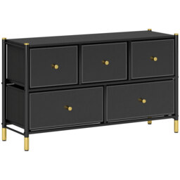 HOMCOM Chest of Drawers, 5 Drawer Fabric Dresser with PU Leather Surface, Steel Frame, Storage Organizer Unit for Bedroom Black - Aosom UK