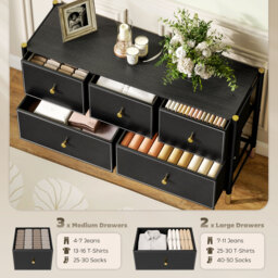 HOMCOM Chest of Drawers, 5 Drawer Fabric Dresser with PU Leather Surface, Steel Frame, Storage Organizer Unit for Bedroom Black - Aosom UK - thumbnail 4