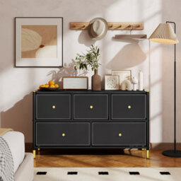 HOMCOM Chest of Drawers, 5 Drawer Fabric Dresser with PU Leather Surface, Steel Frame, Storage Organizer Unit for Bedroom Black - Aosom UK - thumbnail 9
