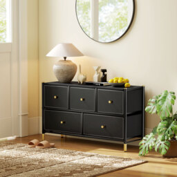 HOMCOM Chest of Drawers, 5 Drawer Fabric Dresser with PU Leather Surface, Steel Frame, Storage Organizer Unit for Bedroom Black - Aosom UK - thumbnail 8
