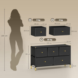 HOMCOM Chest of Drawers, 5 Drawer Fabric Dresser with PU Leather Surface, Steel Frame, Storage Organizer Unit for Bedroom Black - Aosom UK - thumbnail 3