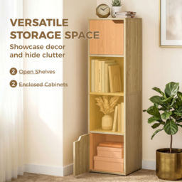 HOMCOM Narrow Bookcase, 4-Tier Bookshelf, Storage Cabinet with doors for Living Room, Bedroom, Oak - thumbnail 4
