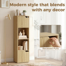 HOMCOM Narrow Bookcase, 4-Tier Bookshelf, Storage Cabinet with doors for Living Room, Bedroom, Oak - thumbnail 5
