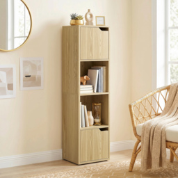 HOMCOM Narrow Bookcase, 4-Tier Bookshelf, Storage Cabinet with doors for Living Room, Bedroom, Oak - thumbnail 6