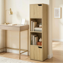 HOMCOM Narrow Bookcase, 4-Tier Bookshelf, Storage Cabinet with doors for Living Room, Bedroom, Oak - thumbnail 8