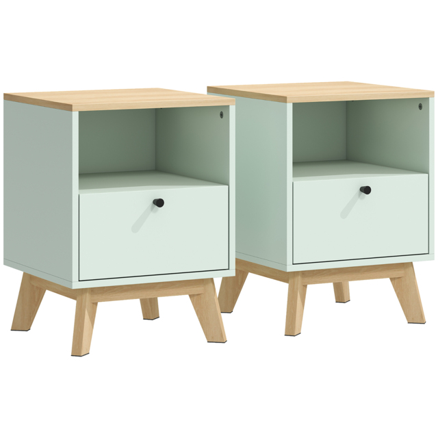 HOMCOM Modern Nightstand Set of 2, Bedside Table with Drawer and Open Shelf, Side End Table for Bedroom, Light Green - image 1