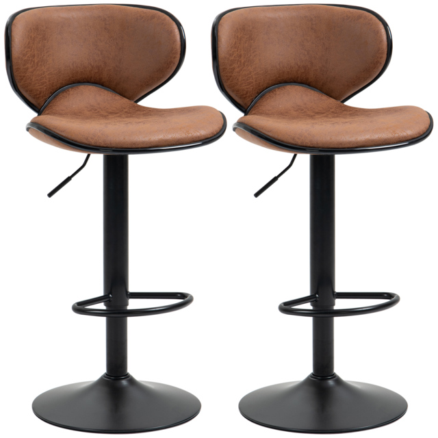 HOMCOM Bar Stool Set of 2 Microfiber Cloth Adjustable Height Armless Chairs with Swivel Seat, Brown - Aosom UK - image 1