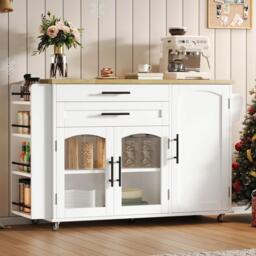 Mobile Kitchen Island Trolley with Lockable 360° Wheels, Glass-Door Storage Cabinet with Adjustable Shelves, 138L x 70W x 90H cm, White - Aosom UK - thumbnail 8
