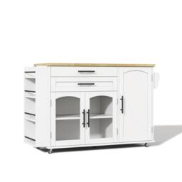 Mobile Kitchen Island Trolley with Lockable 360° Wheels, Glass-Door Storage Cabinet with Adjustable Shelves, 138L x 70W x 90H cm, White - Aosom UK - thumbnail 2