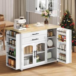 Mobile Kitchen Island Trolley with Lockable 360° Wheels, Glass-Door Storage Cabinet with Adjustable Shelves, 138L x 70W x 90H cm, White - Aosom UK - thumbnail 1