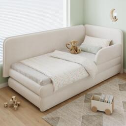 Upholstered 3ft Single Bed with Drawer and Fitted Side Rails, Velvet Upholstery Daybed for Compact Room, 205.5L x 80W x 98H cm, Beige - Aosom UK