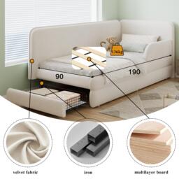 Upholstered 3ft Single Bed with Drawer and Fitted Side Rails, Velvet Upholstery Daybed for Compact Room, 205.5L x 80W x 98H cm, Beige - Aosom UK - thumbnail 4