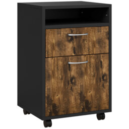 HOMCOM 60cm Storage Cabinet with Drawer, Open Shelf, Metal Handles and 4 Wheels, Office Home Organiser Mobile Printer, Rustic Brown - Aosom UK