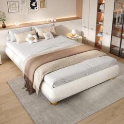 Modern Upholstered Double Bed with Sturdy Slatted Frame, Bouclé Platform Bed with Rounded Modern Legs, 197L x 146W x 30H cm, Beige - Aosom UK