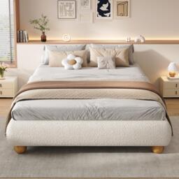 Modern Upholstered Double Bed with Sturdy Slatted Frame, Bouclé Platform Bed with Rounded Modern Legs, 197L x 146W x 30H cm, Beige - Aosom UK - thumbnail 6