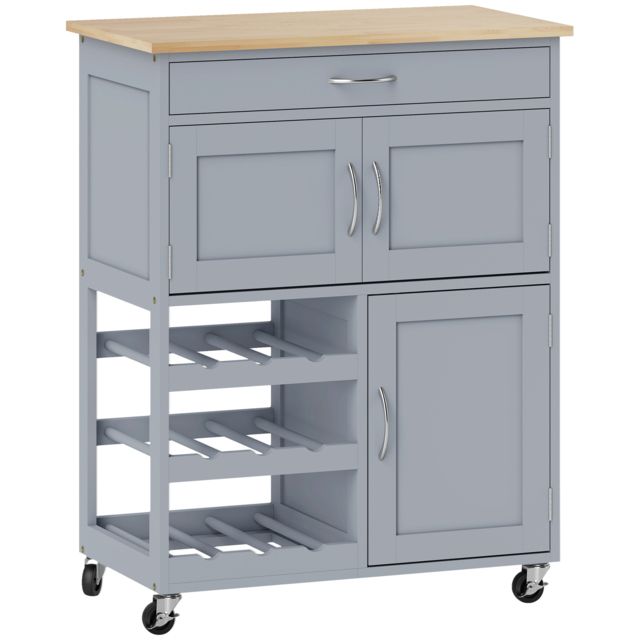 HOMCOM Modern Kitchen Trolley, Rolling Island Storage Cart with Drawer, 9-bottle Wine Rack, Door Cabinets, Wooden Countertop, Grey - image 1