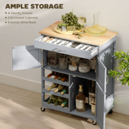 HOMCOM Modern Kitchen Trolley, Rolling Island Storage Cart with Drawer, 9-bottle Wine Rack, Door Cabinets, Wooden Countertop, Grey - thumbnail 4