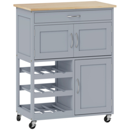 HOMCOM Modern Kitchen Trolley, Rolling Island Storage Cart with Drawer, 9-bottle Wine Rack, Door Cabinets, Wooden Countertop, Grey - thumbnail 1