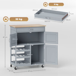 HOMCOM Modern Kitchen Trolley, Rolling Island Storage Cart with Drawer, 9-bottle Wine Rack, Door Cabinets, Wooden Countertop, Grey - thumbnail 3