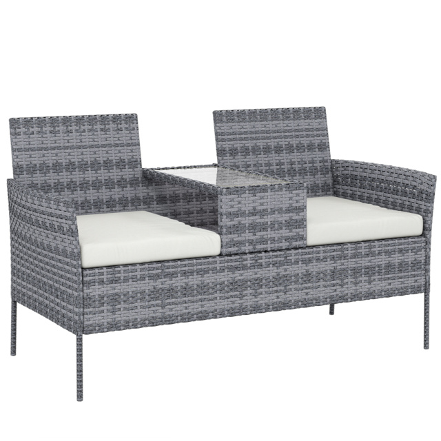 Outsunny Garden Loveseat 2 Seater Rattan Chair for Garden Outddor, with Glass-top Middle Table, Padded Cushions, Grey - Aosom UK - image 1