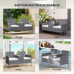 Outsunny Garden Loveseat 2 Seater Rattan Chair for Garden Outddor, with Glass-top Middle Table, Padded Cushions, Grey - Aosom UK - thumbnail 6