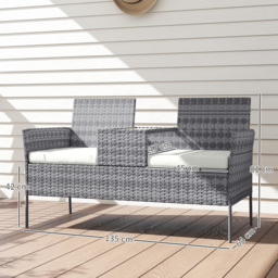 Outsunny Garden Loveseat 2 Seater Rattan Chair for Garden Outddor, with Glass-top Middle Table, Padded Cushions, Grey - Aosom UK - thumbnail 3