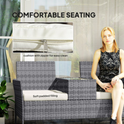 Outsunny Garden Loveseat 2 Seater Rattan Chair for Garden Outddor, with Glass-top Middle Table, Padded Cushions, Grey - Aosom UK - thumbnail 7