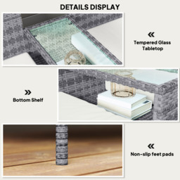 Outsunny Garden Loveseat 2 Seater Rattan Chair for Garden Outddor, with Glass-top Middle Table, Padded Cushions, Grey - Aosom UK - thumbnail 4