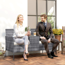 Outsunny Garden Loveseat 2 Seater Rattan Chair for Garden Outddor, with Glass-top Middle Table, Padded Cushions, Grey - Aosom UK - thumbnail 2