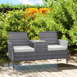 Outsunny Garden Loveseat 2 Seater Rattan Chair for Garden Outddor, with Glass-top Middle Table, Padded Cushions, Grey - Aosom UK - thumbnail 9