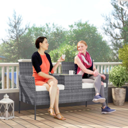Outsunny Garden Loveseat 2 Seater Rattan Chair for Garden Outddor, with Glass-top Middle Table, Padded Cushions, Grey - Aosom UK - thumbnail 8