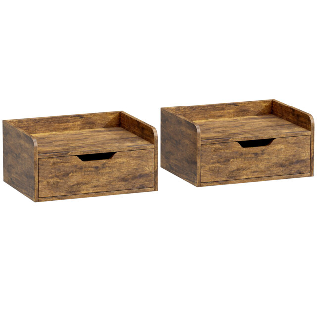 HOMCOM Floating Nightstands Set of 2, Wall Mounted Bedside Table with Drawer for Bedroom, Rustic Brown - image 1