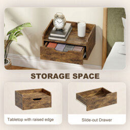 HOMCOM Floating Nightstands Set of 2, Wall Mounted Bedside Table with Drawer for Bedroom, Rustic Brown - thumbnail 6