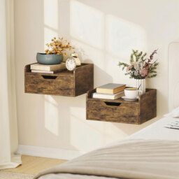 HOMCOM Floating Nightstands Set of 2, Wall Mounted Bedside Table with Drawer for Bedroom, Rustic Brown - thumbnail 2