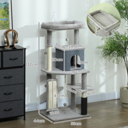 PawHut 132cm Cat Tree w/ Scratching Posts, Pad, Cat Bed, Cat House, Jumping Platform, Grooming Brush, Anti-Tip Kit, Light Grey - Aosom UK - thumbnail 3