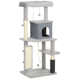 PawHut 132cm Cat Tree w/ Scratching Posts, Pad, Cat Bed, Cat House, Jumping Platform, Grooming Brush, Anti-Tip Kit, Light Grey - Aosom UK - thumbnail 1