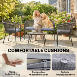 Outsunny 4 Piece Garden Furniture Set, Rope Garden Sofa Set with 1 Loveseat 2 Chairs Tempered Glass Table Cushions, Dark Grey - thumbnail 6