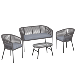 Outsunny 4 Piece Garden Furniture Set, Rope Garden Sofa Set with 1 Loveseat 2 Chairs Tempered Glass Table Cushions, Dark Grey - thumbnail 1