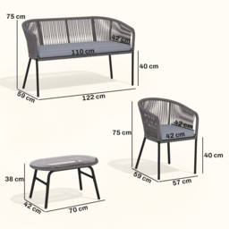 Outsunny 4 Piece Garden Furniture Set, Rope Garden Sofa Set with 1 Loveseat 2 Chairs Tempered Glass Table Cushions, Dark Grey - thumbnail 3