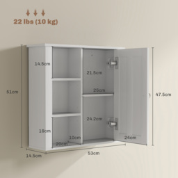 HOMCOM Bathroom Cabinet, Modern Bathroom Wall Cabinet with Adjustable Shelves and Cupboard, 53W x 15D x 51H cm, White - Aosom UK - thumbnail 3
