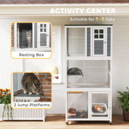 PawHut Wooden Catio Cat Outdoor Enclosure, Cat Cage with Waterproof Roof, Platforms, for Multiple Cats, White - Aosom UK - thumbnail 4