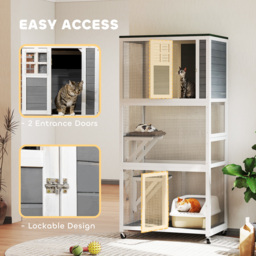 PawHut Wooden Catio Cat Outdoor Enclosure, Cat Cage with Waterproof Roof, Platforms, for Multiple Cats, White - Aosom UK - thumbnail 7