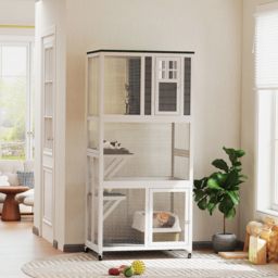 PawHut Wooden Catio Cat Outdoor Enclosure, Cat Cage with Waterproof Roof, Platforms, for Multiple Cats, White - Aosom UK - thumbnail 2