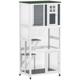 PawHut Wooden Catio Cat Outdoor Enclosure, Cat Cage with Waterproof Roof, Platforms, for Multiple Cats, White - Aosom UK