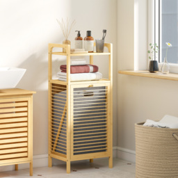 HOMCOM Bamboo Laundry Cabinet with Slatted Door, Bathroom Cabinet with Tilt-Out Hamper and Removable Liner Bag, 40 x 30D x 95 cm, Natural Wood Finish - thumbnail 8