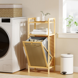 HOMCOM Bamboo Laundry Cabinet with Slatted Door, Bathroom Cabinet with Tilt-Out Hamper and Removable Liner Bag, 40 x 30D x 95 cm, Natural Wood Finish - thumbnail 2